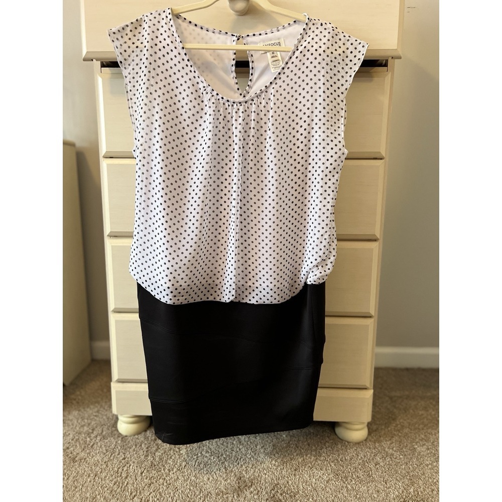 Black & White Polka Dot & Faux Leather Mini Dress Retro Glam French Chic Size 10
